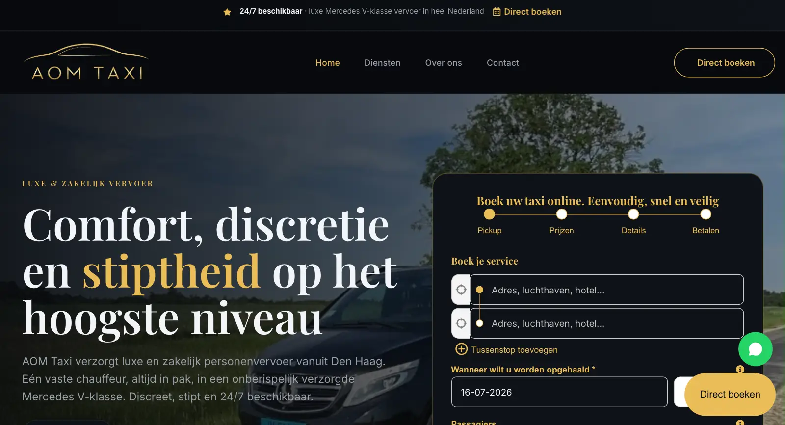 Homepage van de website van AOM Taxi, Den Haag, gemaakt door WebPakket