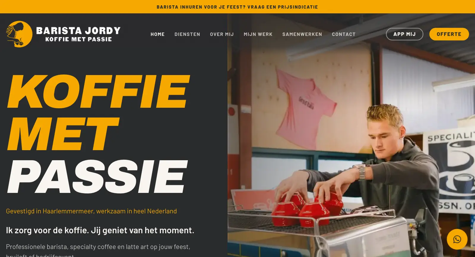 Homepage van de website van Barista Jordy, Hoofddorp, gemaakt door WebPakket