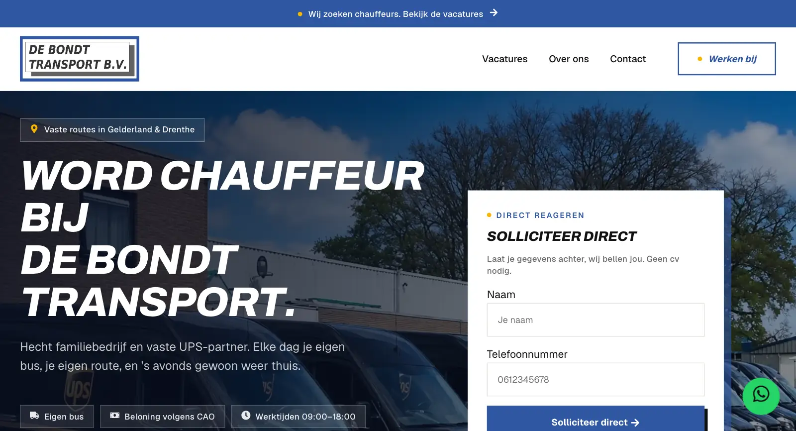 Homepage van de website van De Bondt Transport, Vaassen, gemaakt door WebPakket