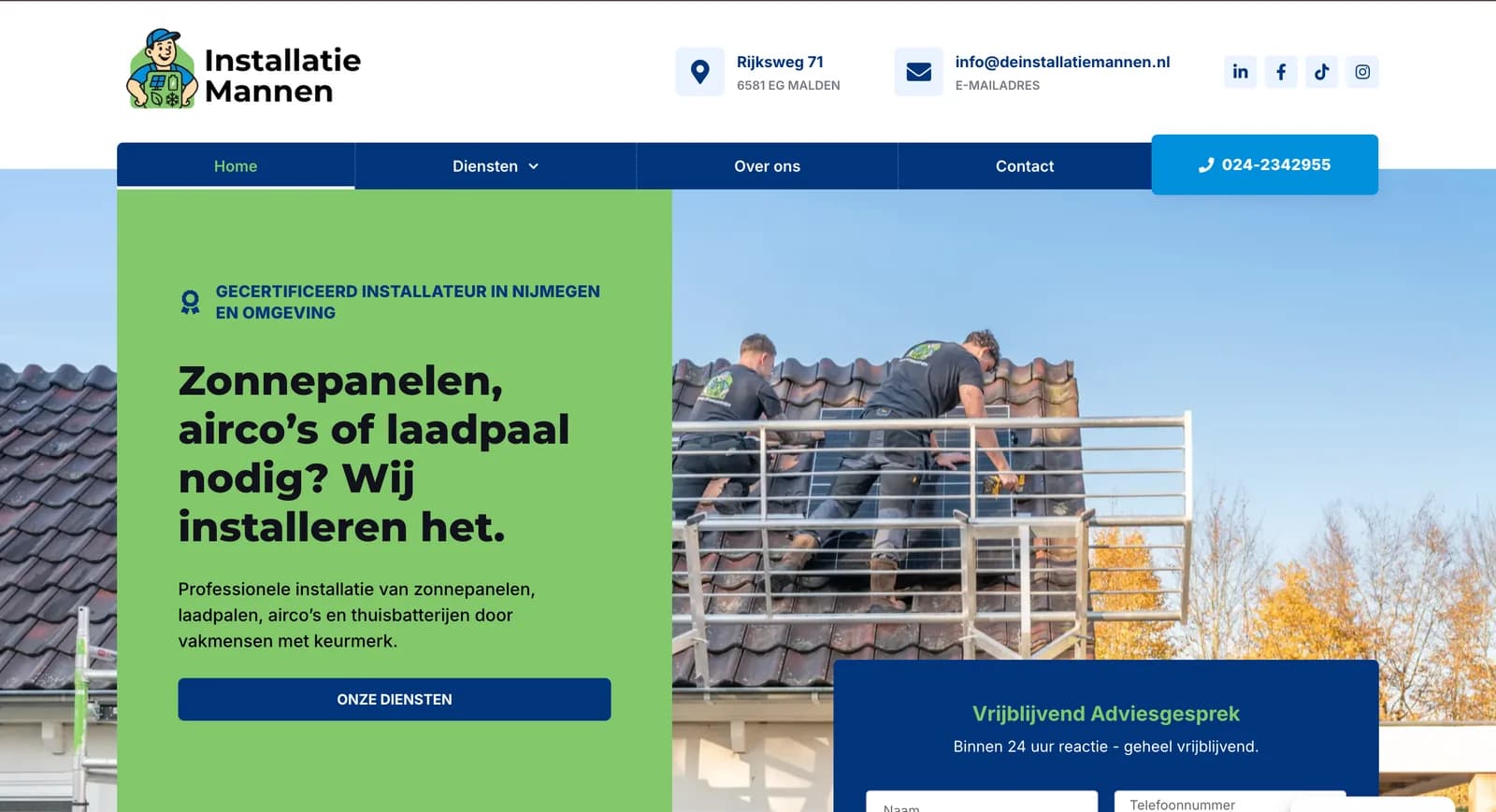Homepage van de website van Installatie Mannen, Malden, gemaakt door WebPakket