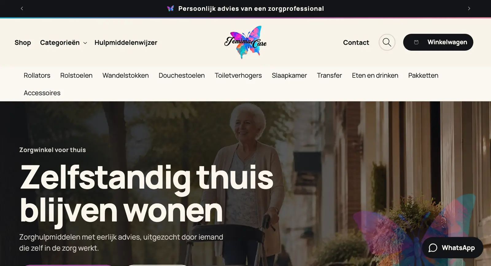 Homepage van de website van Jemima Care Zorgwinkel, Amsterdam, gemaakt door WebPakket