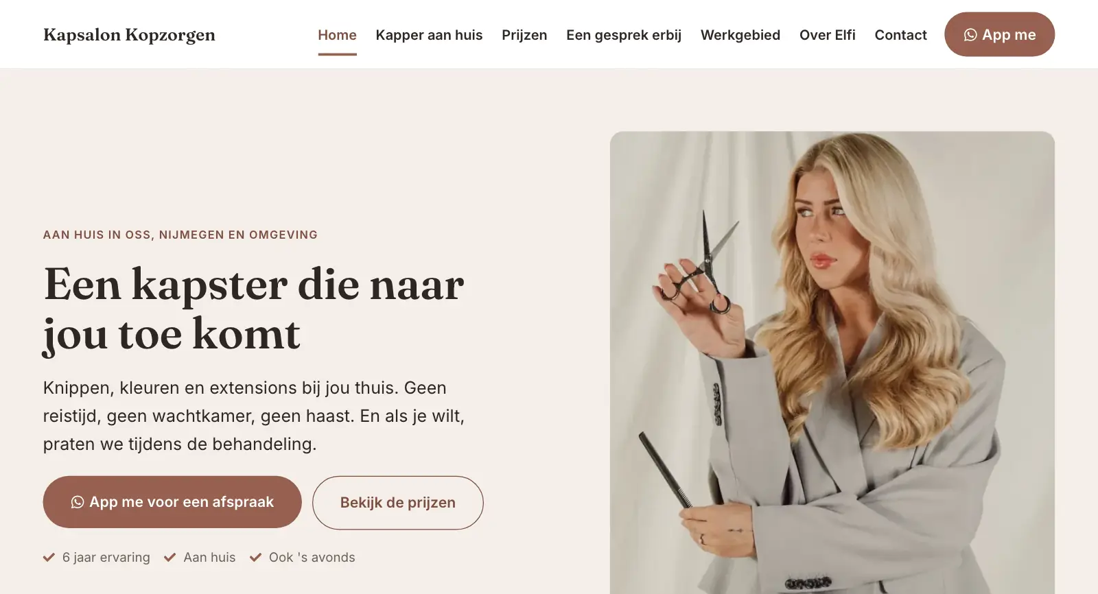 Homepage van de website van Kapsalon Kopzorgen, Oijen, gemaakt door WebPakket