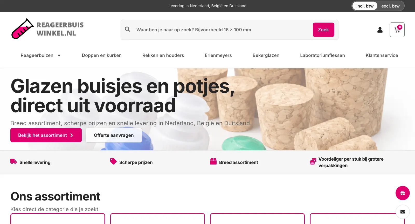 Homepage van de website van Reageerbuiswinkel, gemaakt door WebPakket