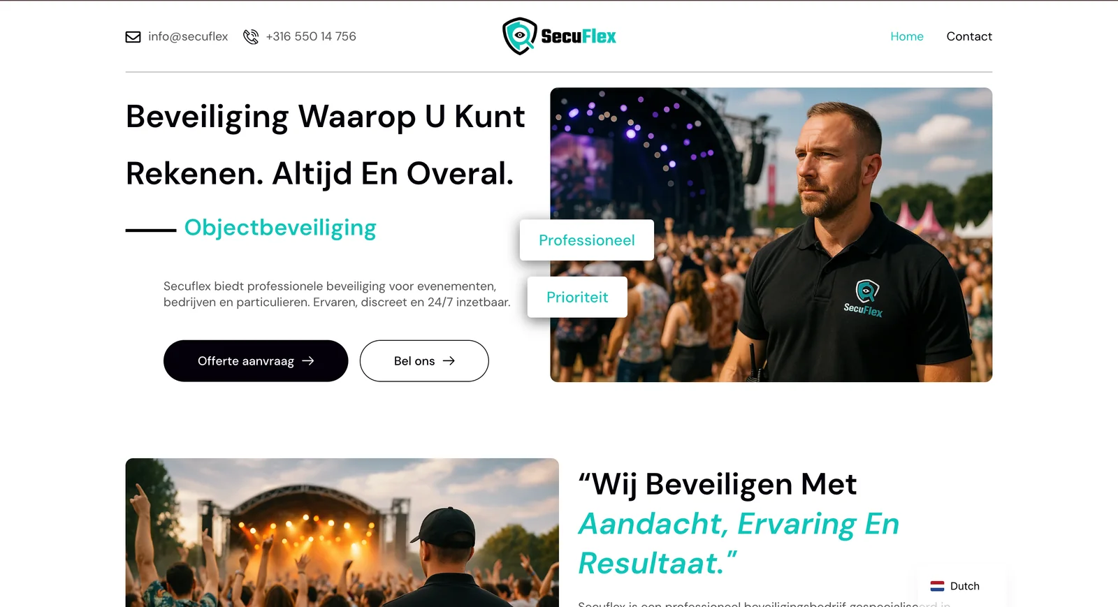 Homepage van de website van Secuflex, Nijmegen, gemaakt door WebPakket