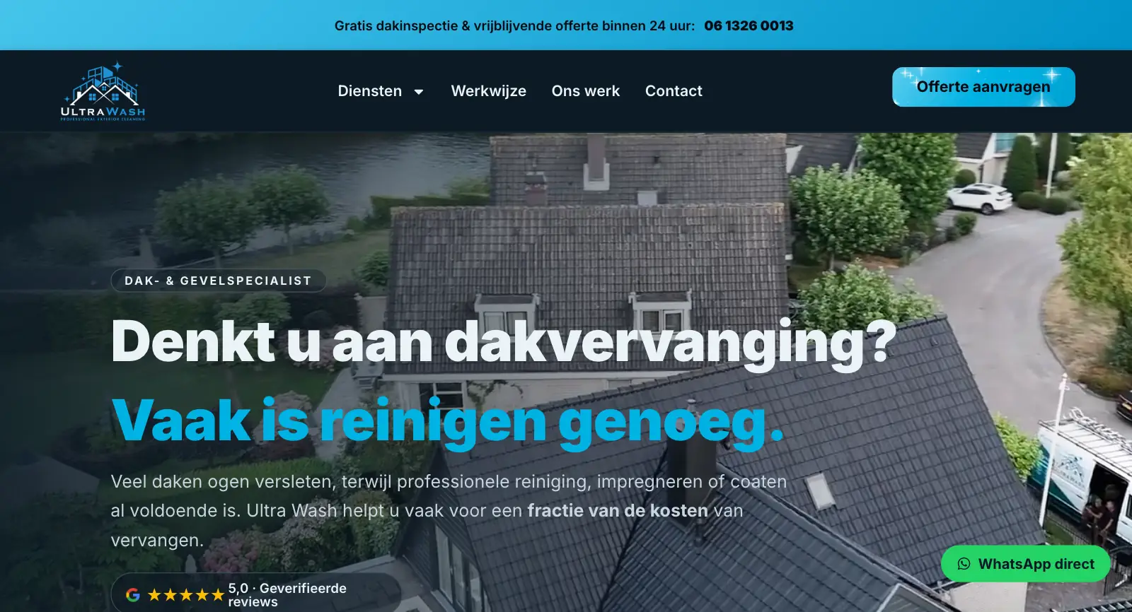 Homepage van de website van Ultra Wash, Hilversum, gemaakt door WebPakket