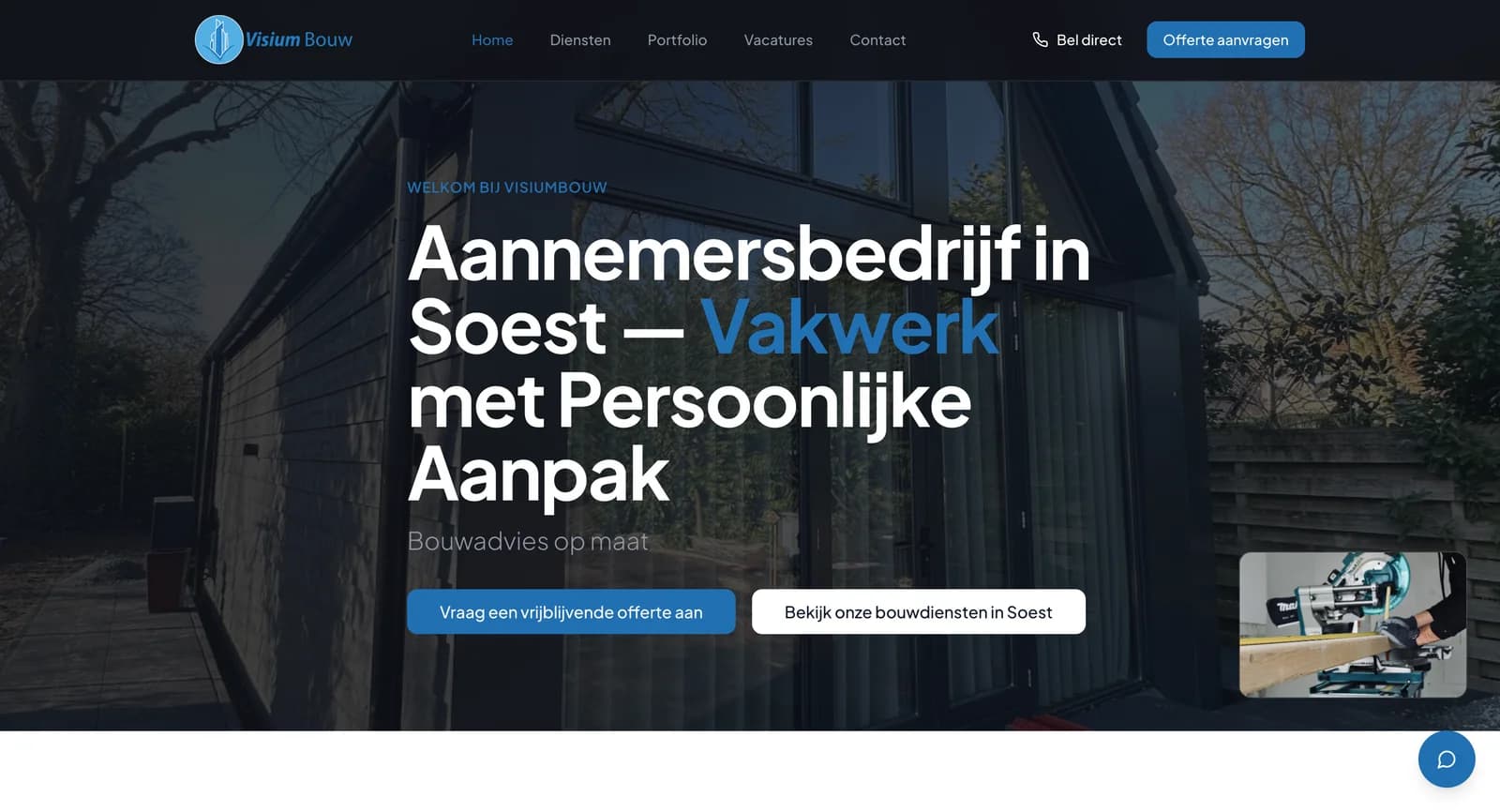 Homepage van de website van Visium Bouw, Soest, gemaakt door WebPakket